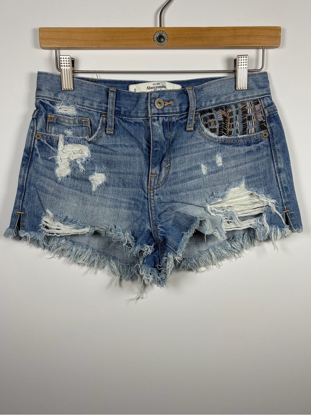Abercrombie & Fitch Light Wash Distressed Denim Shorts with Embroidered Pocket